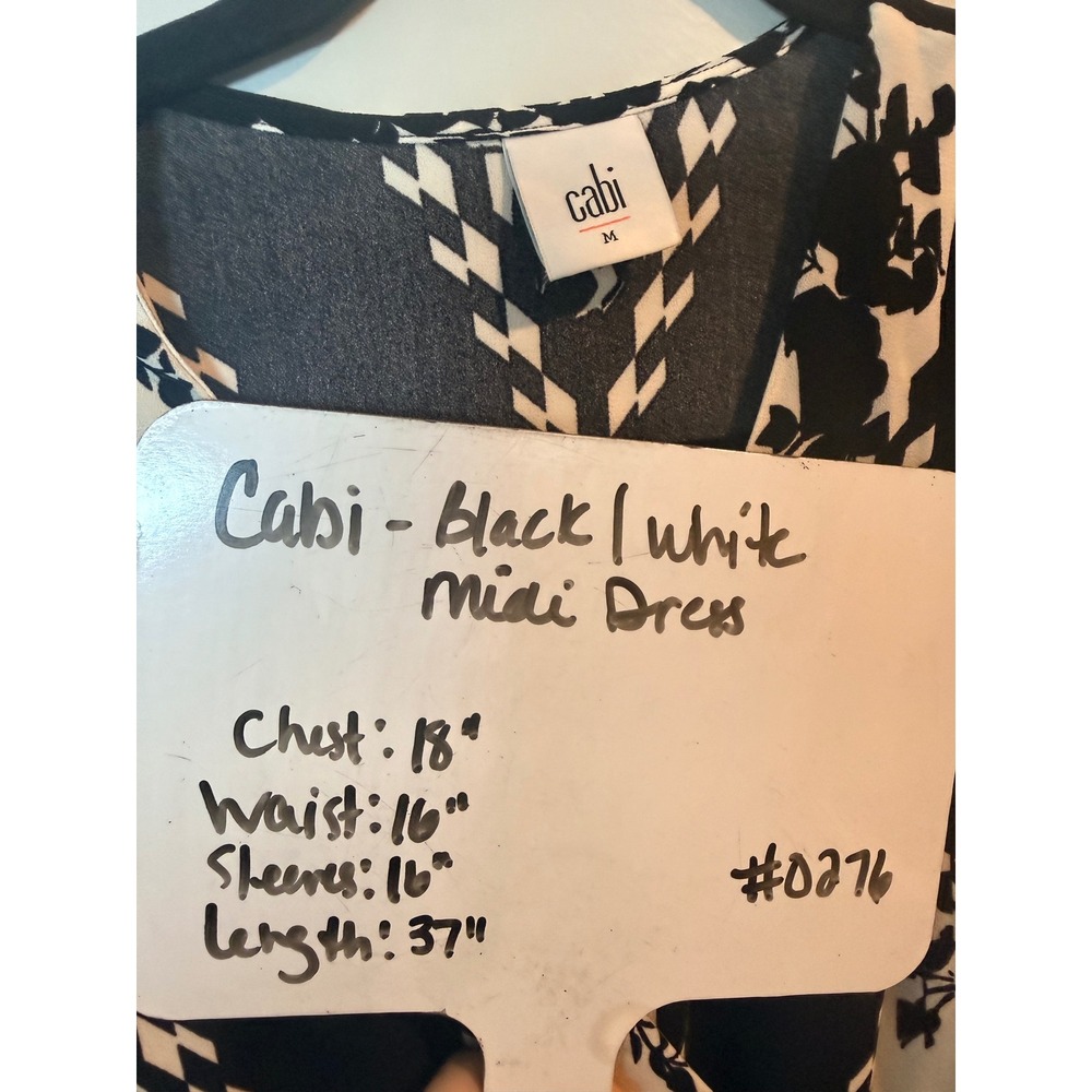 Cabi 6369 Black White Floral Geometric Faux Wrap Midi Dress Womens Medium - Picture 6 of 9